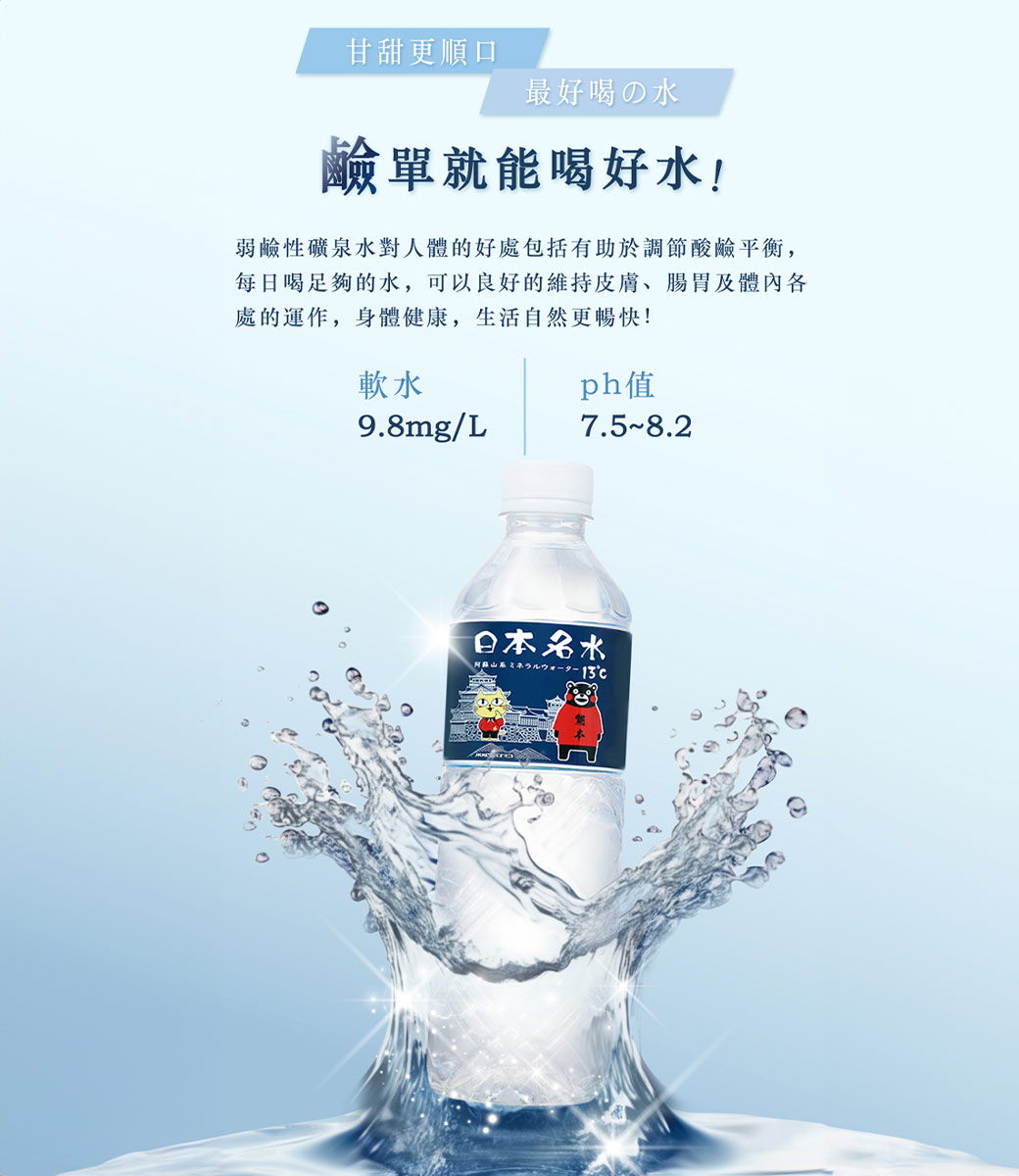 甘甜更順口，最好喝の水，鹼單就能喝好水!弱鹼性礦泉水對人體的好處包括有助於調節酸鹼平衡,每日喝足夠的水,可以良好的維持皮膚、腸胃及體內各，處的運作,身體健康,生活自然更暢快!ph值，日本名水，13°C。