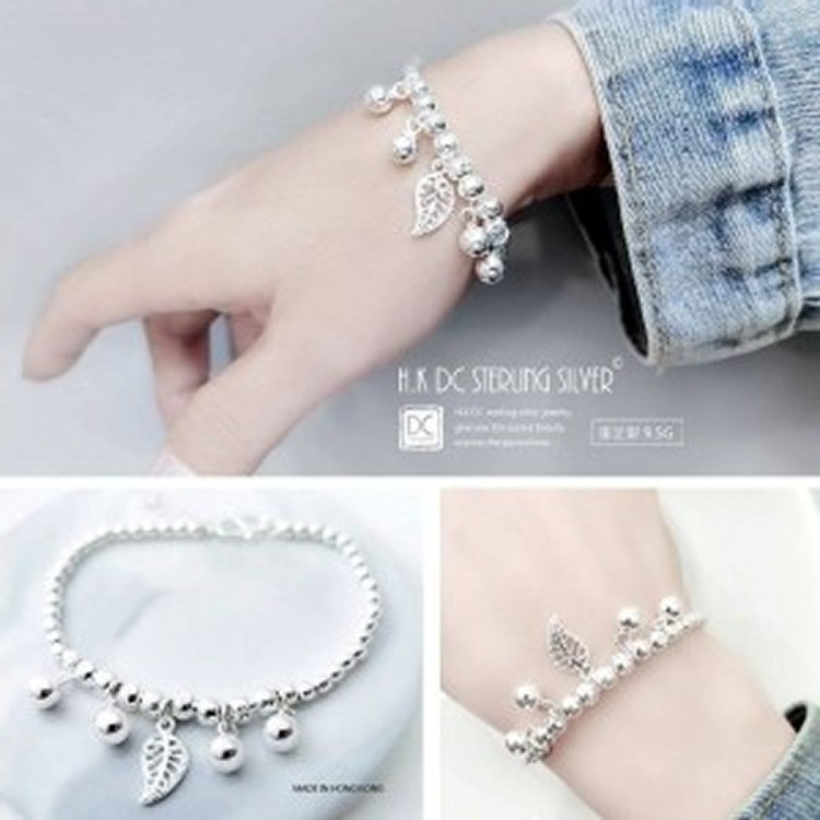 銀葉雕花簡約銀球銀珠墜飾手鍊(9.5G)