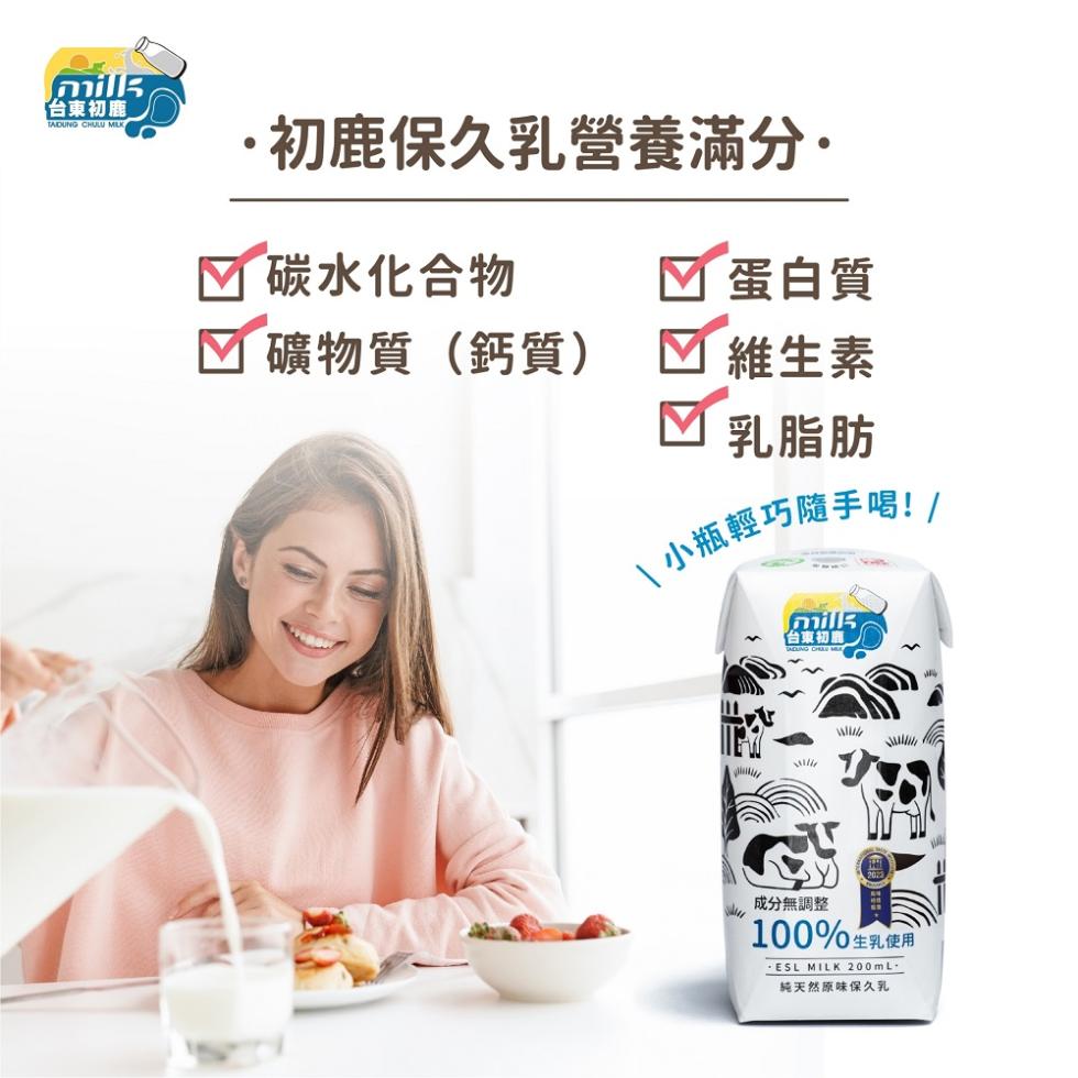 台東初鹿，·初鹿保久乳營養滿分·，碳水化合物，☑ 蛋白質，☑ 礦物質(鈣質)，☑ 維生素，乳脂肪，\ 小瓶輕巧隨手唱! /，台東初鹿，成分無調整，100%生乳使用，ESL MILK 200mL·，純天然原味保久乳。