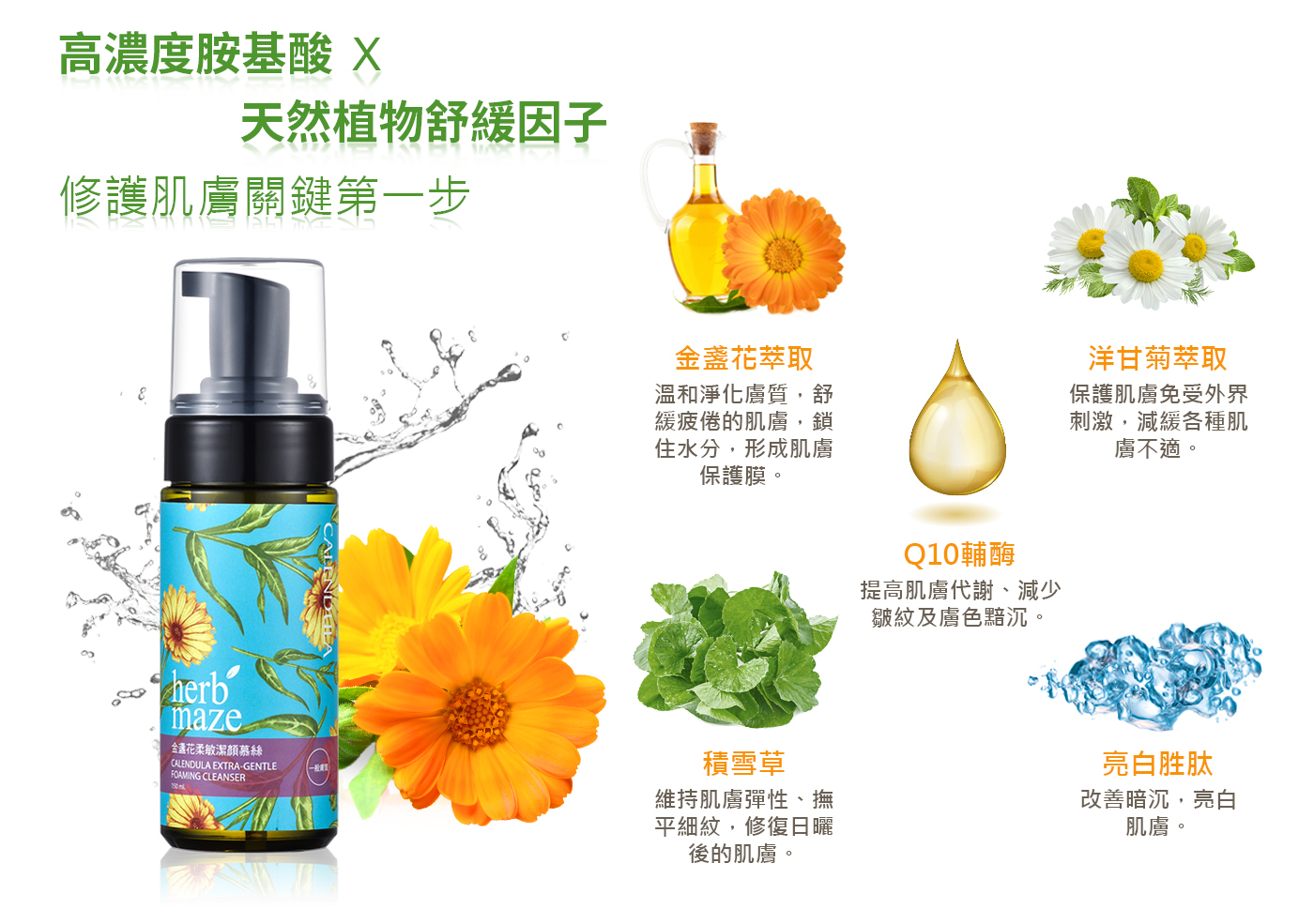 高濃度胺基酸 X，天然植物舒緩因子，修護肌膚關鍵第一步，金盞花柔敏潔顏慕絲，金盞花萃取，溫和淨化膚質,舒，緩疲倦的肌膚,鎖，住水分,形成肌膚，保護膜。Q10輔酶，提高肌膚代謝、減少，皺紋及膚色黯沉。洋甘菊萃取，保護肌膚免受外界，刺激,減緩各種肌，膚不