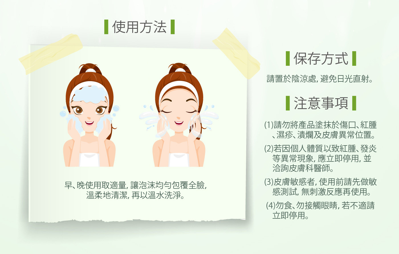 【使用方法】，【保存方式】，請置於陰涼處,避免日光直射。【注意事項】，(1)請勿將產品塗抹於傷口、紅腫，濕疹、潰爛及皮膚異常位置。早、晚使用取適量,讓泡沫均勻包覆全臉,溫柔地清潔,再以溫水洗淨。(2)若因個人體質以致紅腫、發炎，等異常現象,應立即停用
