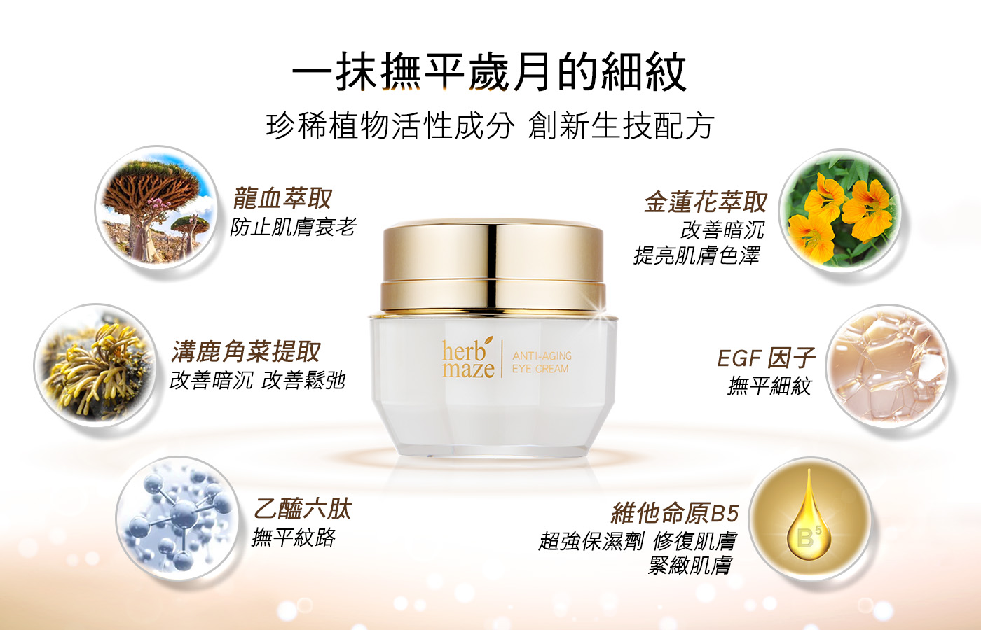 一抹撫平歲月的細紋，珍稀植物活性成分 創新生技配方，龍血萃取，防止肌膚衰老，金蓮花萃取，提亮肌膚色澤，改善暗沉，溝鹿角菜提取，EGF 因子，改善暗沉 改善鬆弛，撫平細紋，乙醯六肽，維他命原B5，撫平紋路，超強保濕劑 修復肌膚，緊緻肌膚。