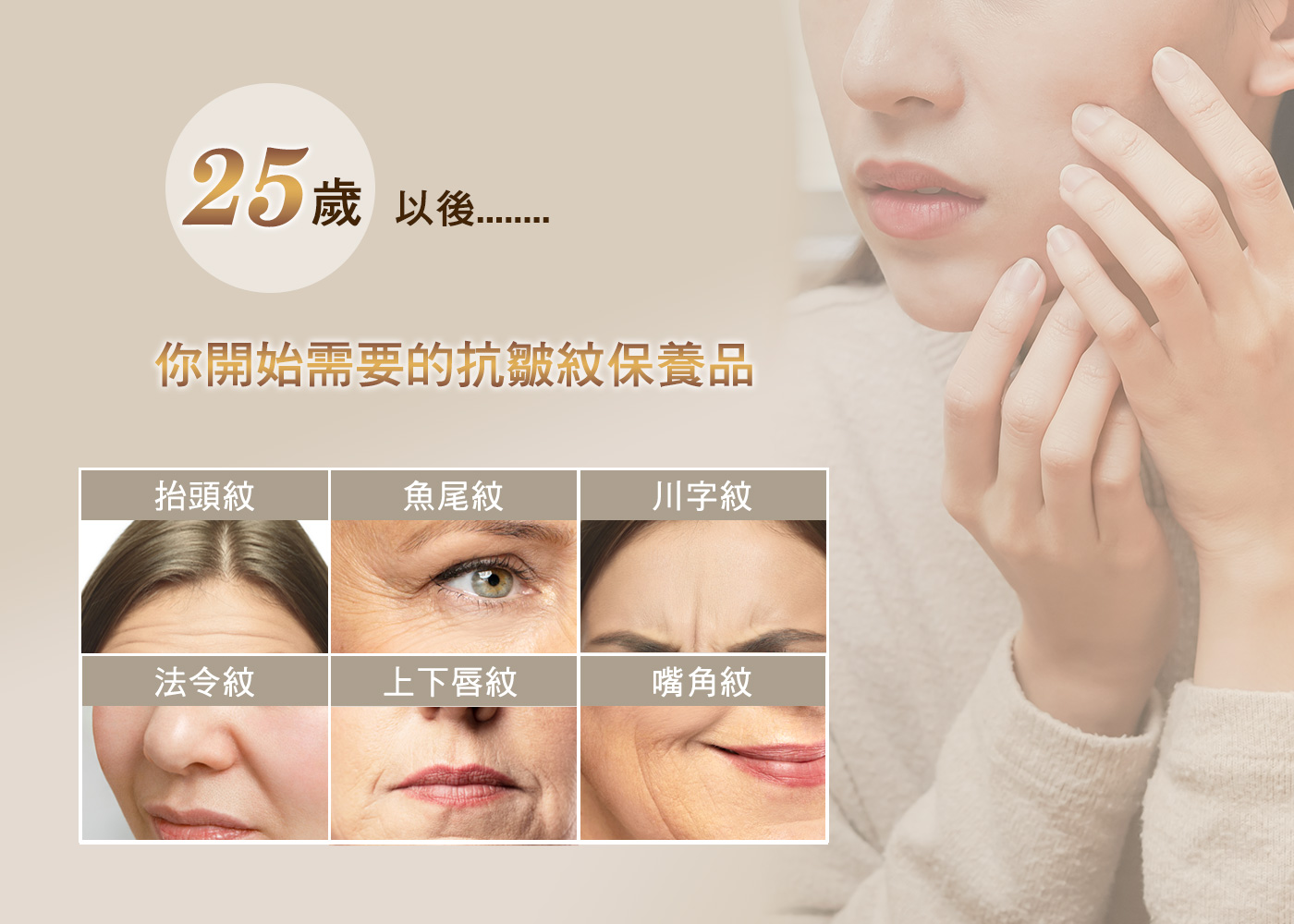 25歲以後.你開始需要的抗皺紋保養品，抬頭紋，魚尾紋，川字紋，法令紋，上下唇紋，嘴角紋。