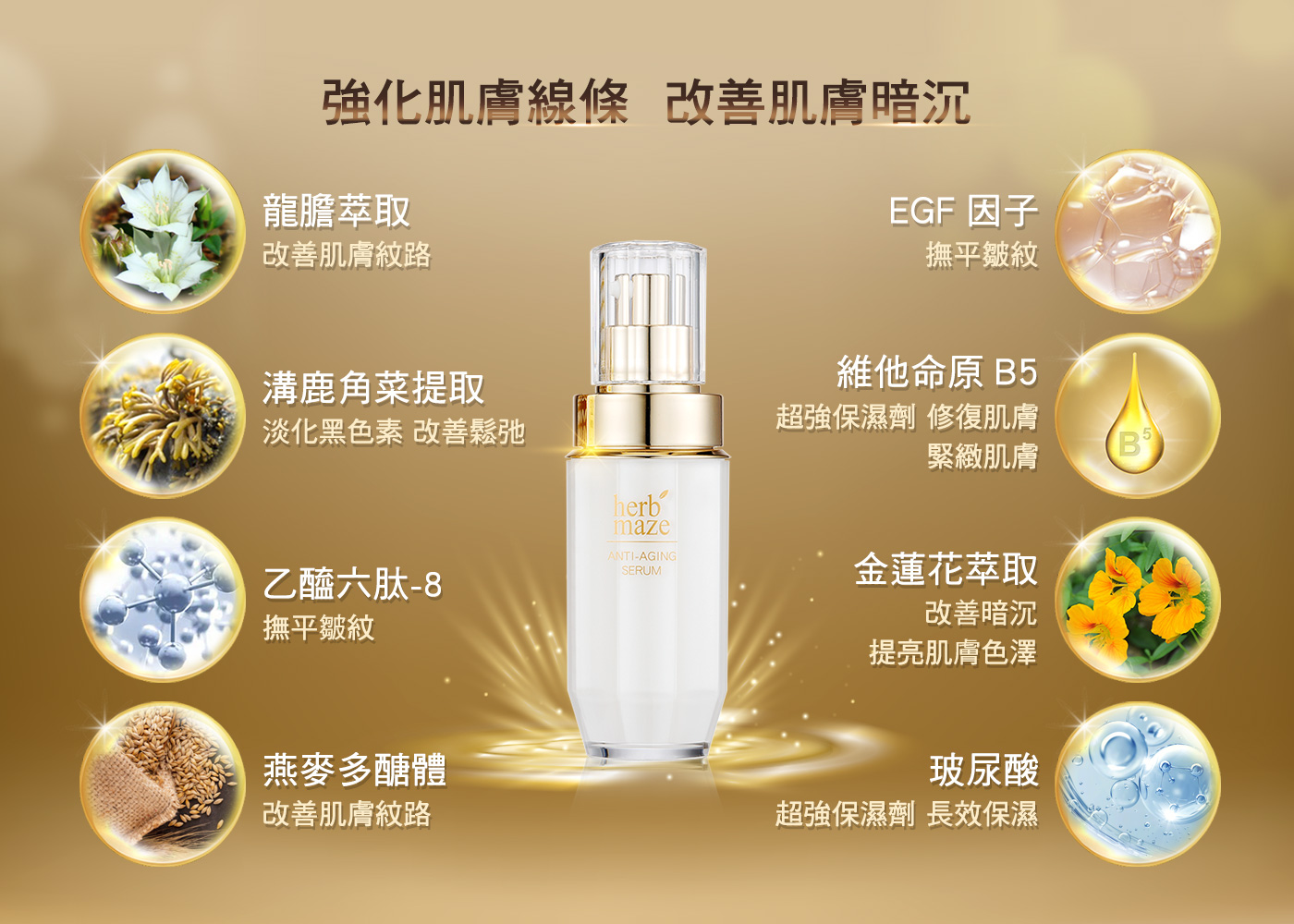 強化肌膚線條改善肌膚暗沉，龍膽萃取，改善肌膚紋路，溝鹿角菜提取，EGF 因子，撫平皺紋，維他命原B5，淡化黑色素改善鬆弛，超強保濕劑 修復肌膚，緊緻肌膚，乙醯六肽-8，金蓮花萃取，撫平皺紋，改善暗沉，提亮肌膚色澤，燕麥多醣體，改善肌膚紋路，玻尿酸，超