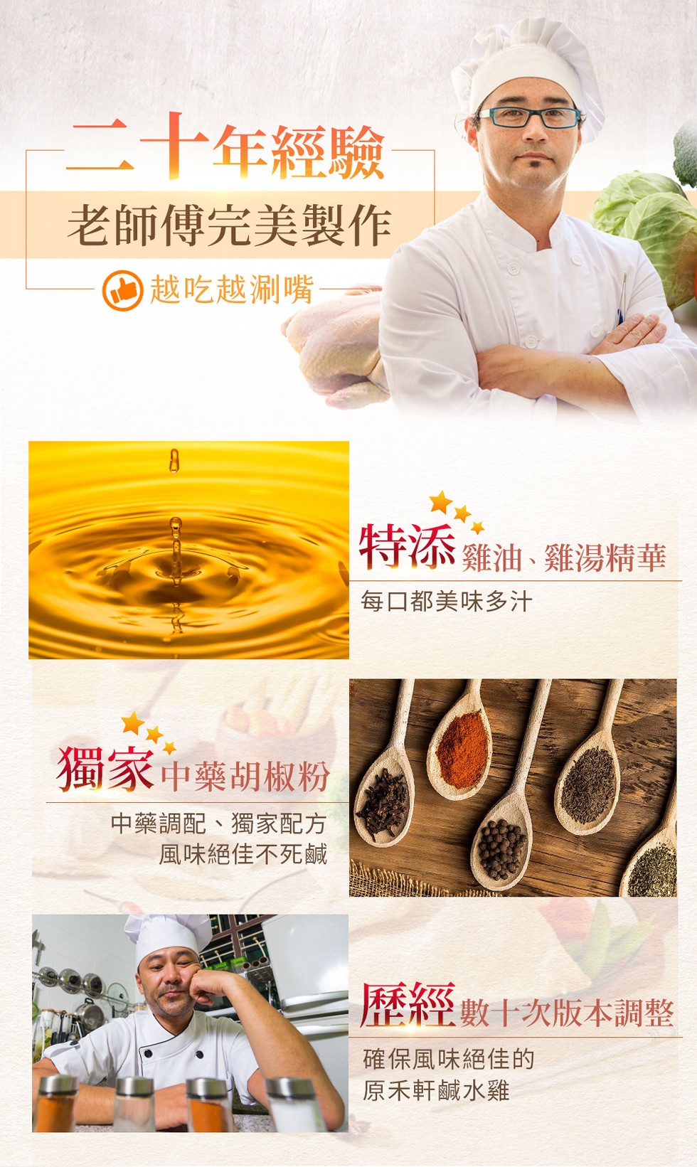 二十年經驗，老師傅完美製作，の越吃越涮嘴，特添雞油、雞湯精華，每口都美味多汁，獨家中藥胡椒粉，中藥調配、獨家配方，風味絕佳不死鹹，歷經數十次版本調整，確保風味絕佳的，原禾軒鹹水雞。