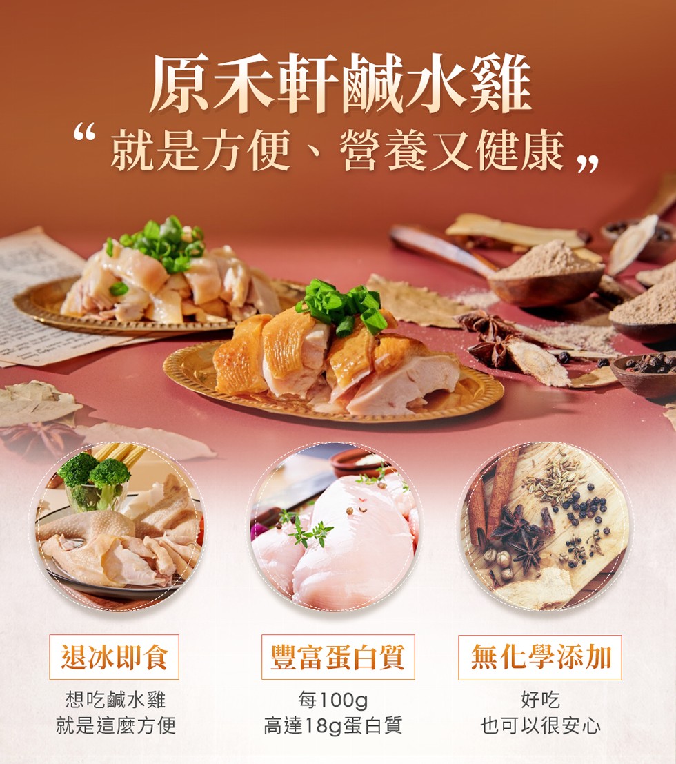原禾軒鹹水雞，‘就是方便、營養又健康,退冰即食，豐富蛋白質，無化學添加，想吃鹹水雞，就是這麼方便，每100g，高達18g蛋白質，也可以很安心。