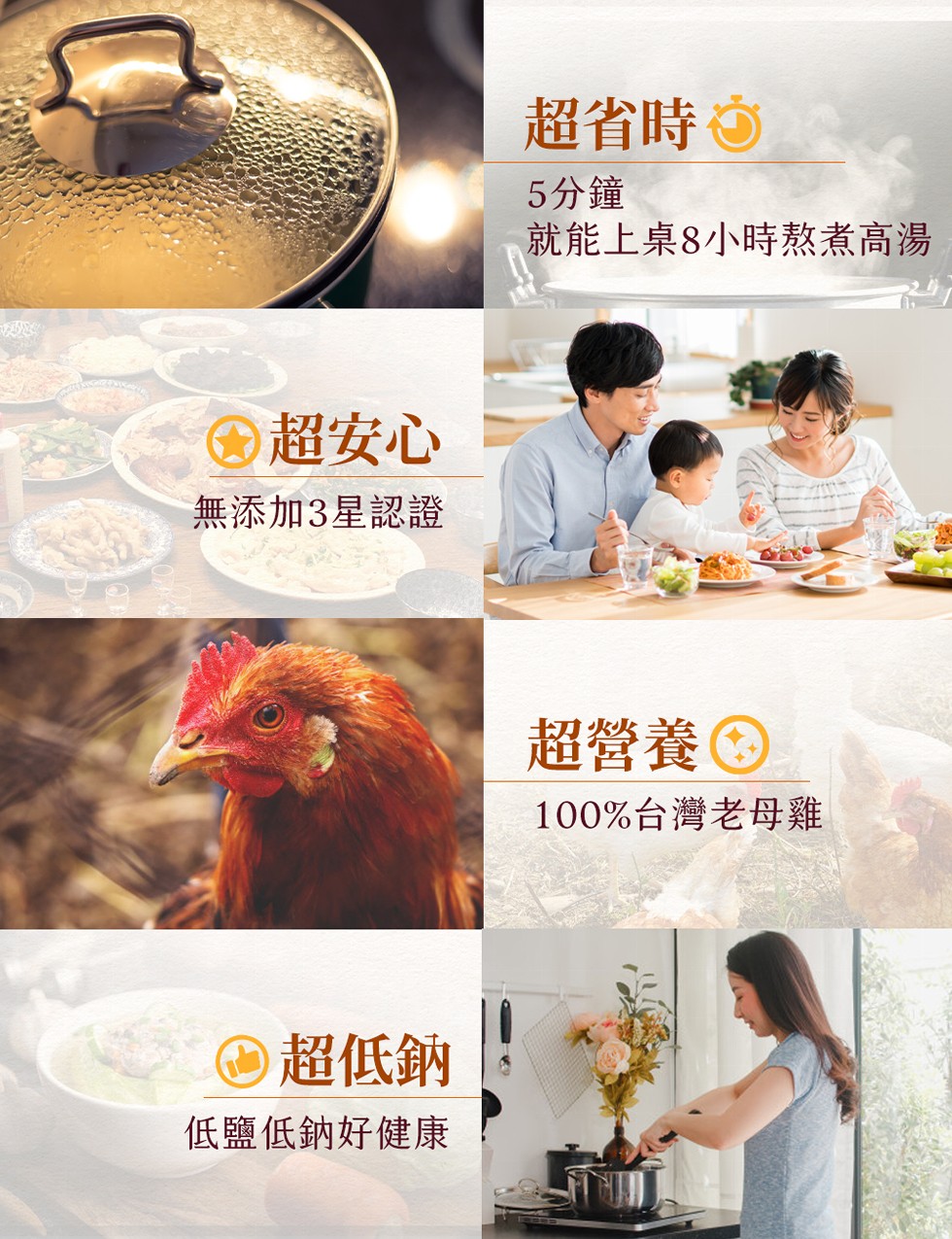 超省時，5分鐘，就能上桌8小時熬煮高湯，O超安心，無添加3星認證，超營養O，100%台灣老母雞，超低鈉，低鹽低鈉好健康。