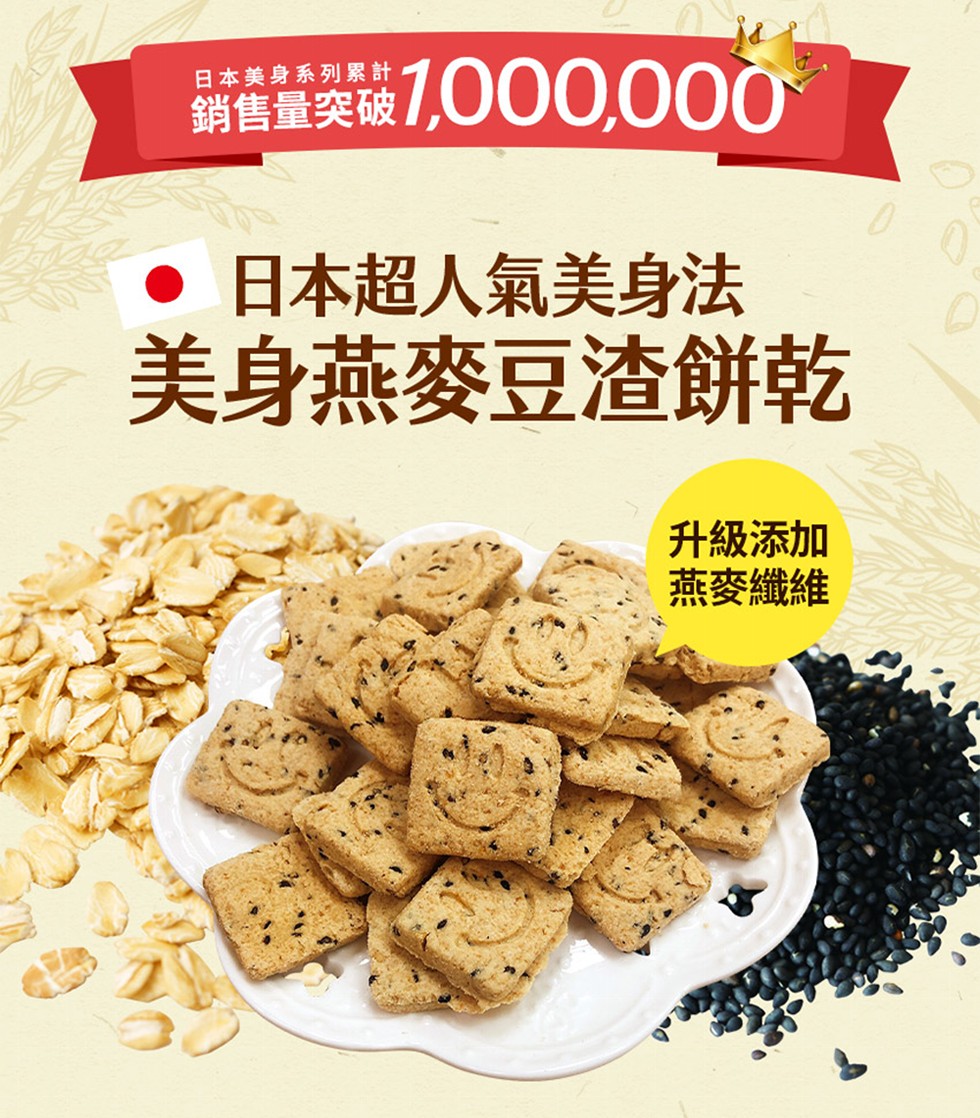 日本美身系列累計，銷售量突破7,000,000，●日本超人氣美身法，美身燕麥豆渣餅，升級添加，燕麥纖維。