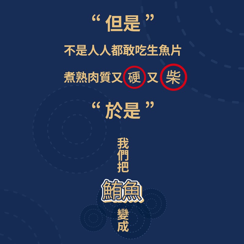 但是”，不是人人都敢吃生魚片，煮熟肉質又硬又柴，“於是”，我們把。