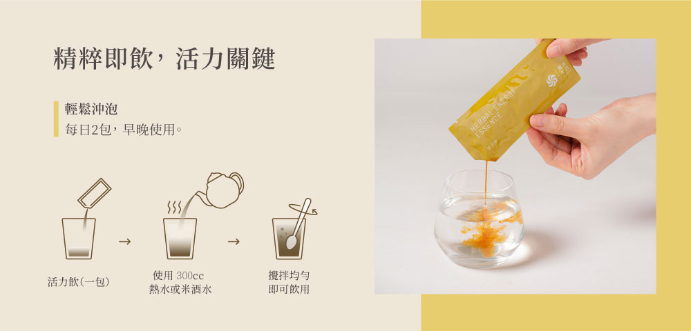 精粹即飲,活力關鍵，輕鬆沖泡，每日2包,早晚使用。活力飲(一包)，使用 300cc，熱水或米酒水，攪拌均勻，即可飲用。