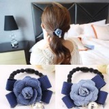 牛仔布山茶花珍珠髮繩