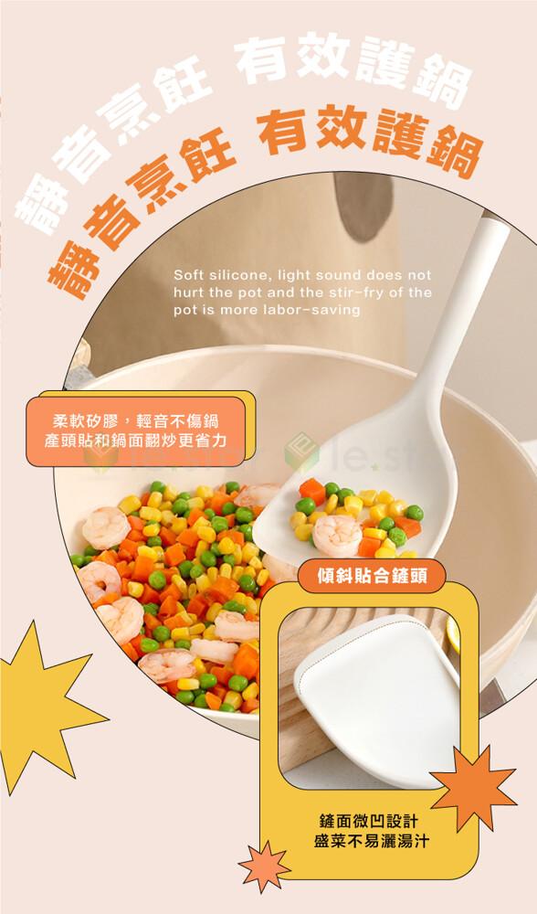 有效護鍋，靜音烹飪 有效護鍋，靜音烹飪，柔軟矽膠,輕音不傷鍋，產頭貼和鍋面翻炒更省力，傾斜貼合鏟頭，鏟面微凹設計，盛菜不易灑湯汁。