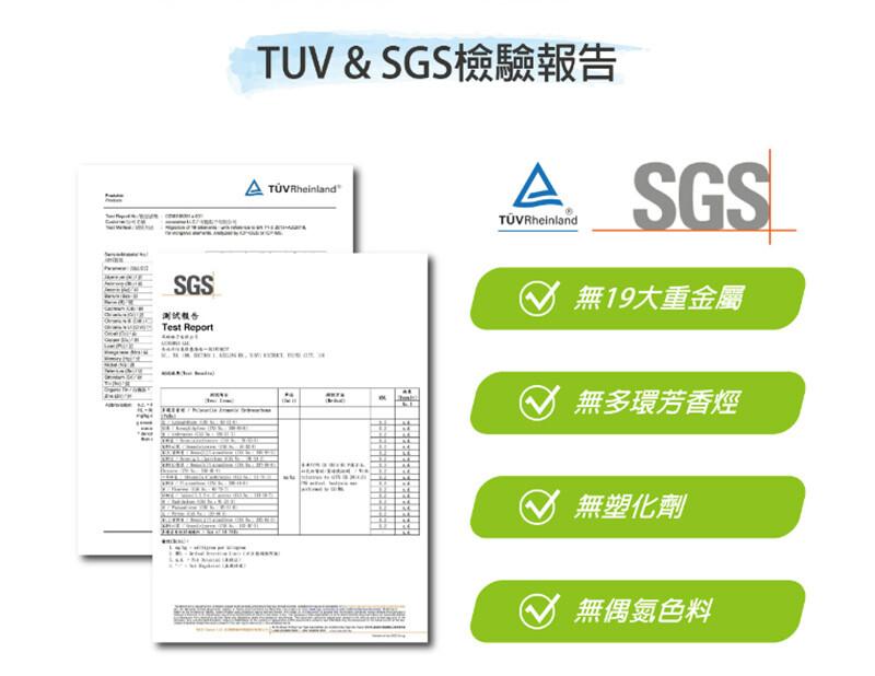 测试報告，A TÜV Rheinland，TUV & SGS檢驗報告，TÜV Rheinland，無19大重金屬，Ø無多環芳香烴，無塑化劑，Ø 無偶氮色料。