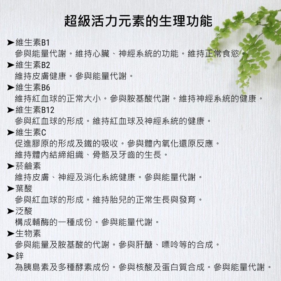 超級活力元素的生理功能,維生素B1,參與能量代謝。維持心臟、神經系統的功能。維持正常食慾。維生素B2,維持皮膚健康。參與能量代謝。維生素B6,維持紅血球的正常大小。參與胺基酸代謝。維持神經系統的健康。維生素B12,參與紅血球的形成。維持紅血球及神經系