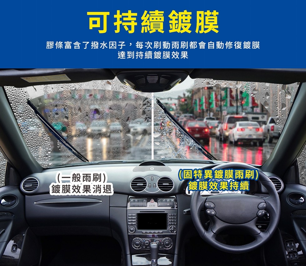 可持續鍍膜，膠條富含了撥水因子,每次刷動雨刷都會自動修復鍍膜，達到持續鍍膜效果，((三般雨刷),鍍膜效果消退，個特異鍍膜雨刷)，護膜效果特續。