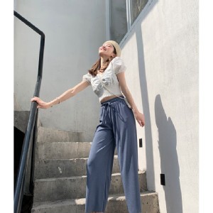 夏季涼爽冰絲直筒休閒褲 藍