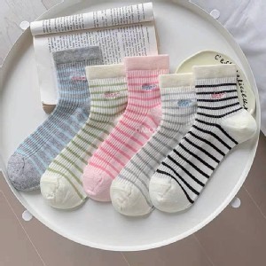 🏠多巴胺撞色刺繡條紋網眼襪(一組5雙）