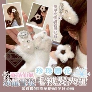 🏠冰晶雪花珍珠鑽花毛絨髮夾2入組♥️
