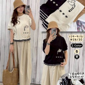 口袋貓拼條棉麻衫』