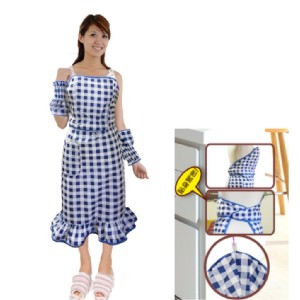 【AGL愛潔樂】防水免綁彩漾圍裙袖套組荷葉款(藍格)