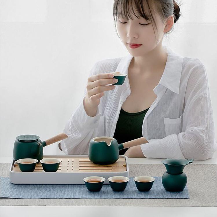 【CityStar】木柄側把壺粗陶旅行茶具套組