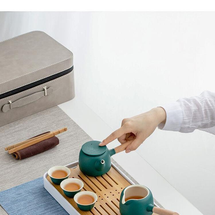 【CityStar】木柄側把壺粗陶旅行茶具套組