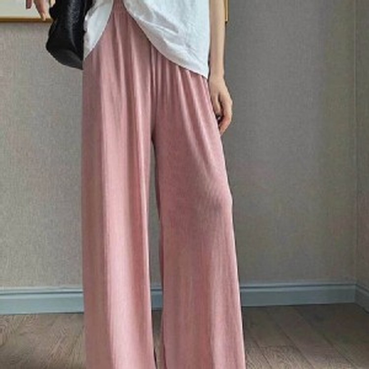 夏季涼爽冰絲直筒休閒褲 粉