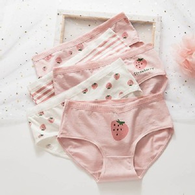 粉色日系草莓純棉中腰內褲五件組