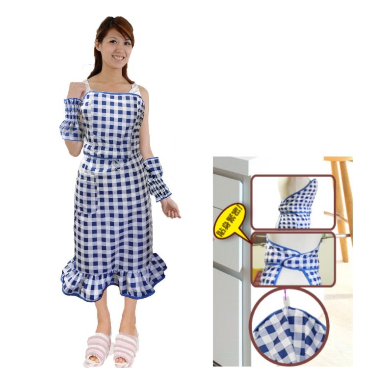 【AGL愛潔樂】防水免綁彩漾圍裙袖套組荷葉款(藍格)