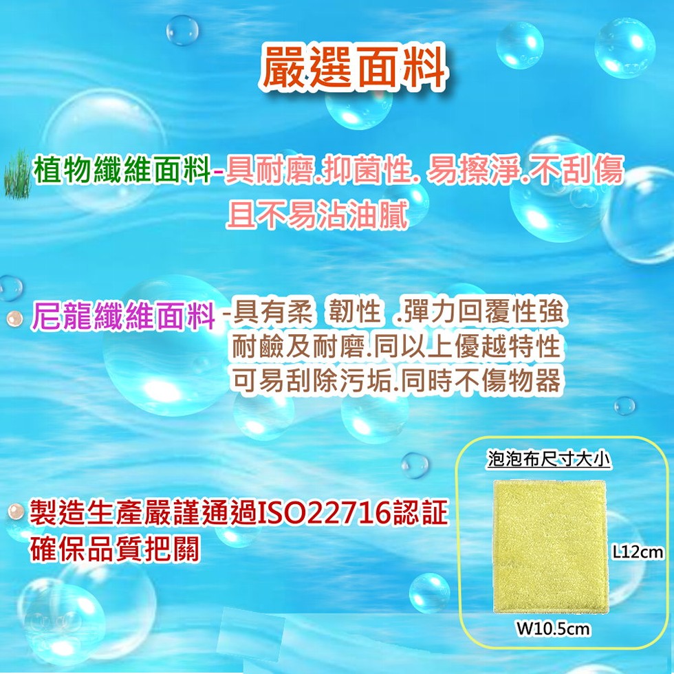 嚴選面料,植物纖維面料-具耐磨,抑菌性, 易擦淨不刮傷,国不易治油腻,o尼龍纖維面料-具有柔韌性彈力回覆性強,耐鹼及耐磨,同以上優越特性,可易刮除污垢.同時不傷物器,泡泡布尺寸大小,製造生產嚴謹通過ISO22716認証,確保品質把關。