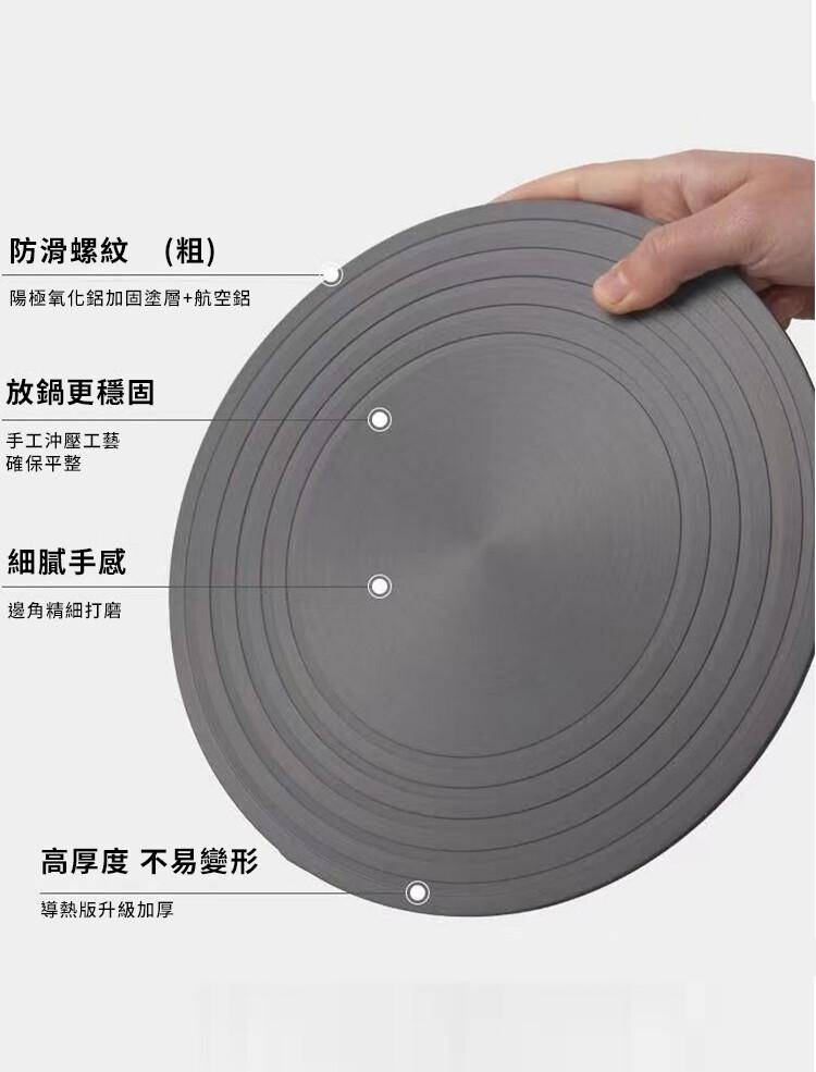 防滑螺紋 (粗)，陽極氧化鋁加固塗層+航空鋁，放鍋更穩固，手工沖壓工藝，確保平整，細膩手感，邊角精細打磨，高厚度 不易變形，導熱版升級加厚。
