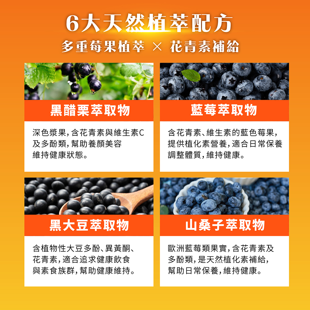 6大天然植萃配方，多重莓果植萃 × 花青素補給，黑醋栗萃取物，藍莓萃取物，深色漿果,含花青素與維生素C，及多酚類,幫助養顏美容，維持健康狀態。含花青素、維生素的藍色莓果,提供植化素營養,適合日常保養，調整體質,維持健康。黑大豆萃取物，含植物性大豆多酚