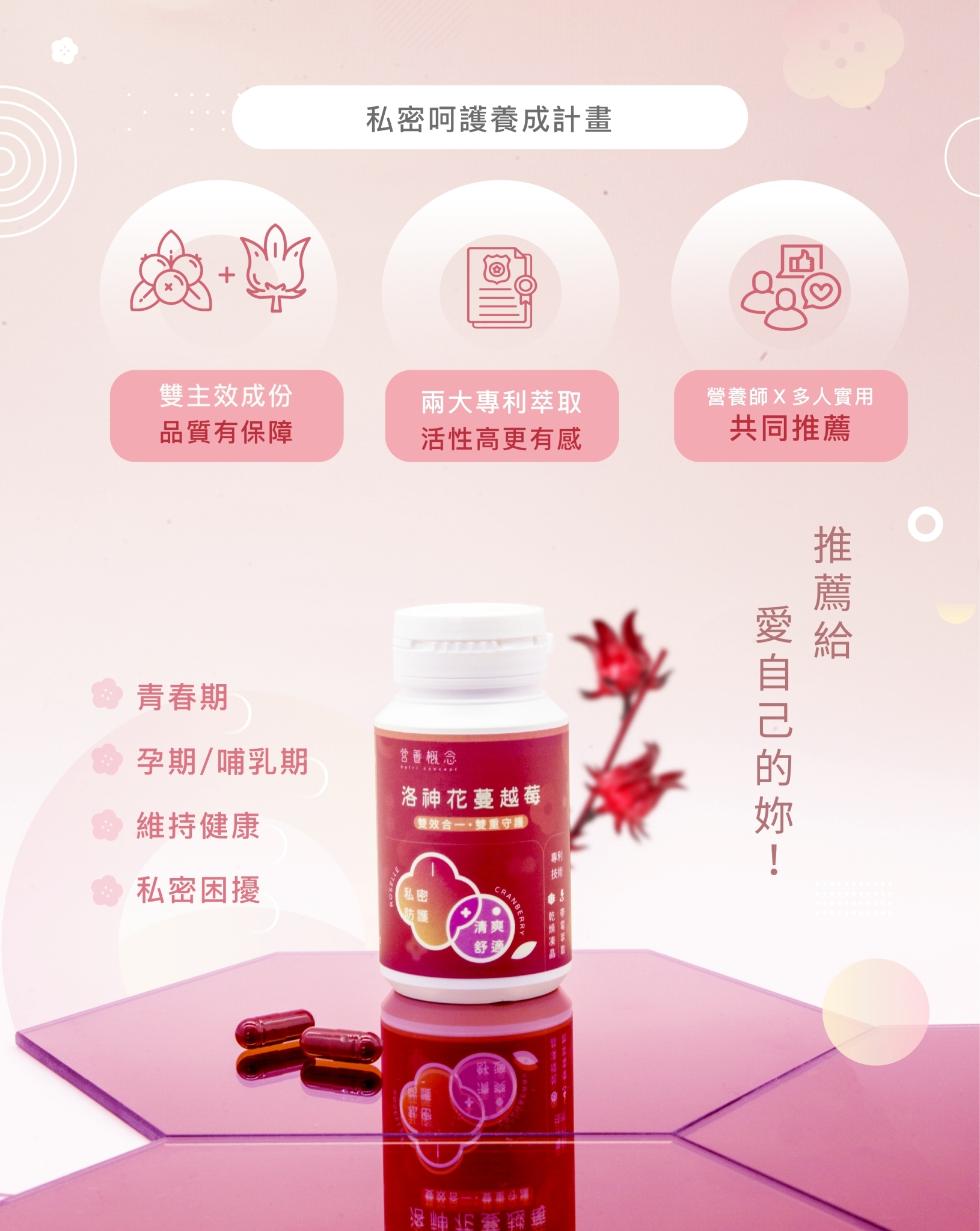 私密呵護養成計畫，雙主效成份，兩大專利萃取，品質有保障，活性高更有感，青春期，孕期/哺乳期，营概念，維持健康，洛神花蔓越莓，雙效合一,雙重守)，私密困擾，【私密，營養師X多人實用，共同推薦，推薦給，愛自己的妳!。