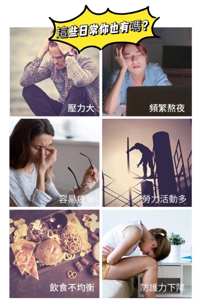 這些日常你也有嗎?壓力大，頻繁熬夜，容易疲勞，勞力活動多，飲食不均衡，防護力下降。