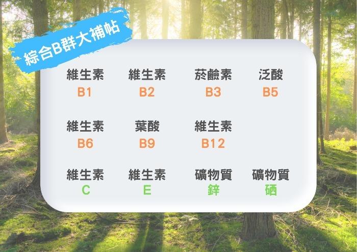 綜合B群大補帖，維生素，維生素，菸鹼素，維生素，維生素，維生素，維生素，礦物質，礦物質。