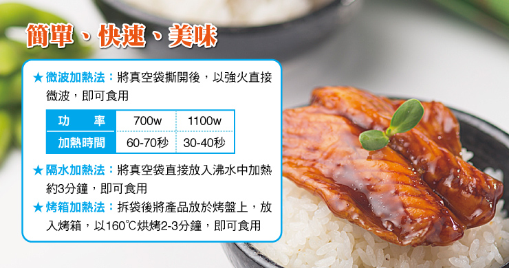 簡單、快速、美味,★微波加熱法:將真空袋撕開後,以強火直接,微波,即可食用,加熱時間 60-70秒30-40秒,★隔水加熱法:將真空袋直接放入沸水中加熱,約3分鐘,即可食用,★烤箱加熱法:拆袋後將產品放於烤盤上,放,入烤箱,以160℃烘烤2-3分鐘,