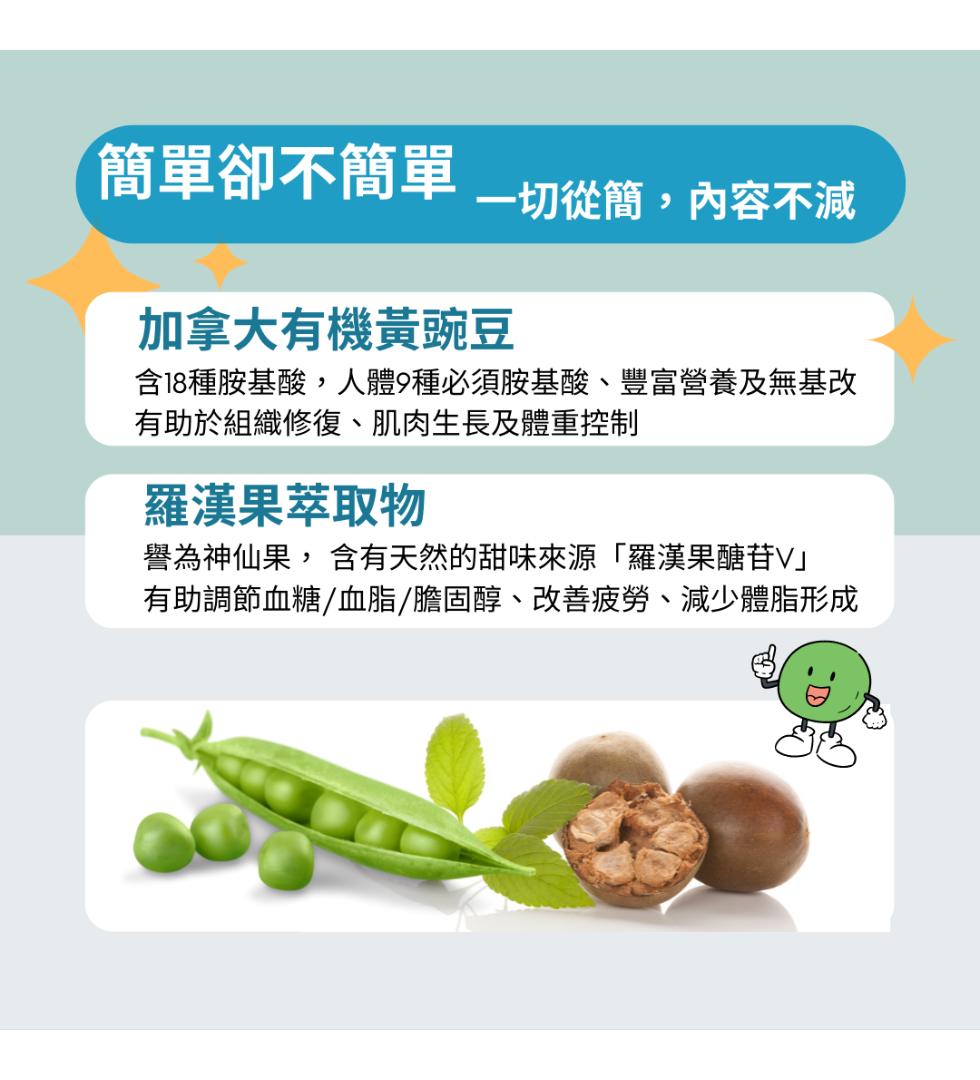 簡單卻不簡單 一切從簡,內容不減，加拿大有機黃豌豆，含8種胺基酸,人體9種必須胺基酸、豐富營養及無基改，有助於組織修復、肌肉生長及體重控制，羅漢果萃取物，譽為神仙果, 含有天然的甜味來源羅漢果醣苷V｣，有助調節血糖/血脂/膽固醇、改善疲勞、減少體脂形