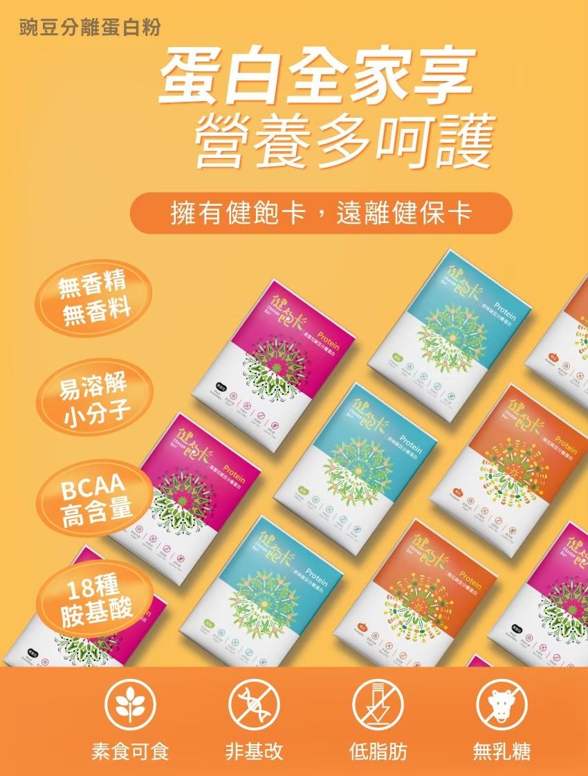 豌豆分離蛋白粉，蛋白全家享，營養多呵護，擁有健飽卡,遠離健保卡，無香精，無香料，易溶解，小分子，高含量，18種，胺基酸，建y Protein，素食可食，非基改，低脂肪，無乳糖。