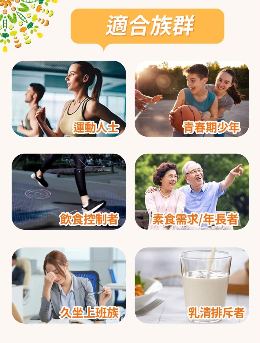 適合族群，運動人士，青春期少年，飲食控制者，素食需求/年長者，久坐上班族,乳清排斥者。