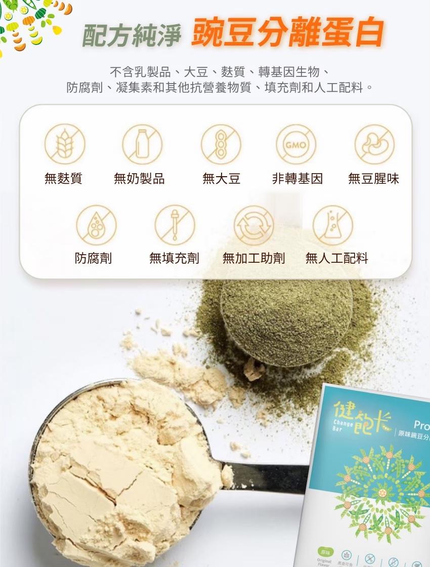 配方純淨 豌豆分離蛋白，不含乳製品、大豆、麩質、轉基因生物、防腐劑、凝集素和其他抗營養物質、填充劑和人工配料。無麩質，無奶製品，無大豆，非轉基因，無豆腥味，防腐劑，無填充劑 無加工助劑，無人工配料，焦飽卡，原味碗豆分。