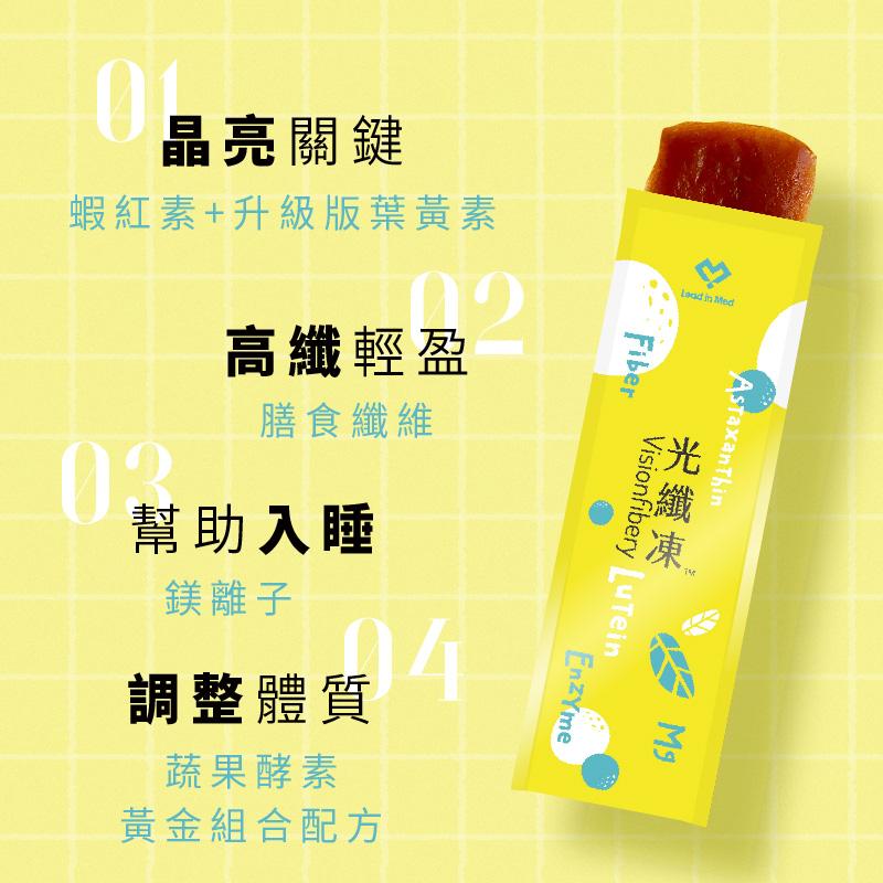晶亮關鍵，蝦紅素+升級版葉黃素，高纖輕盈，膳食纖維，幫助入睡，鎂離子，調整體質，蔬果酵素，黃金組合配方，光纖凍。
