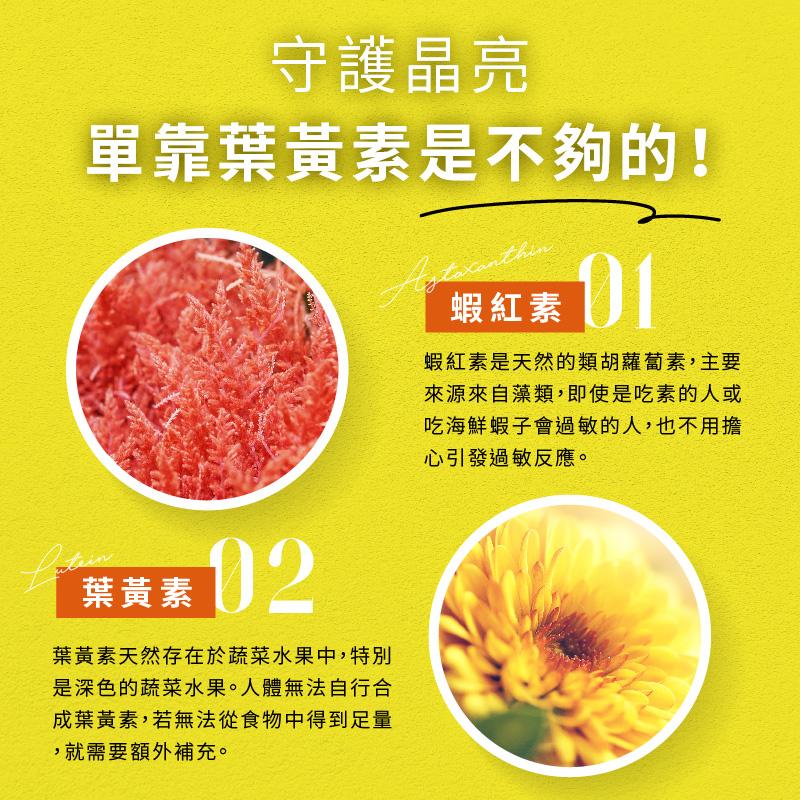 守護晶亮，單靠葉黃素是不夠的!葉黃素 12，葉黃素天然存在於蔬菜水果中,特別，是深色的蔬菜水果。人體無法自行合，成葉黃素,若無法從食物中得到足量，就需要額外補充。蝦紅素 01，蝦紅素是天然的類胡蘿蔔素,主要，來源來自藻類,即使是吃素的人或，吃海鮮蝦子
