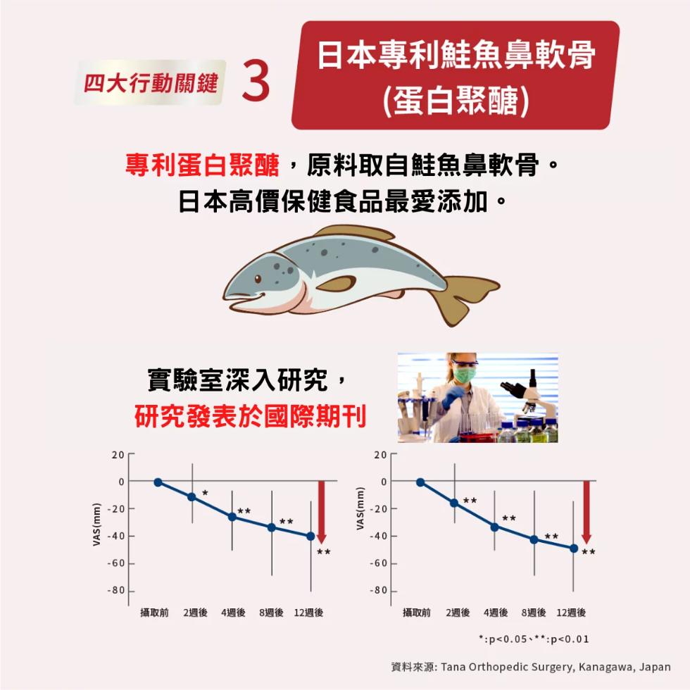 日本專利鮭魚鼻軟骨，四大行動關鍵3，(蛋白聚醣)，專利蛋白聚醣,原料取自鮭魚鼻軟骨。日本高價保健食品最愛添加。實驗室深入研究,研究發表於國際期刊，攝取前 2週後 4週後 8週後12週後，攝取前 2週後 4週後 8週後 12週後，:p<0.05、:p<