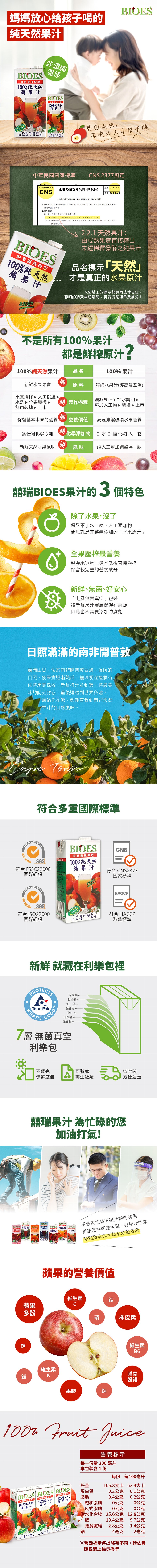 媽媽放心給孩子喝的，純天然果汁，鮮果直接榨取，100%純天然，蘋果汁，不含防腐劑，不加糖、不加水，鮮果直接榨取，100%純天然，蘋果汁，無任何化學添加，新鮮天然水果風味，屈银進口，不是所有100%果汁，100%純天然果汁，新鮮水果果實，果實摘採▶ 人