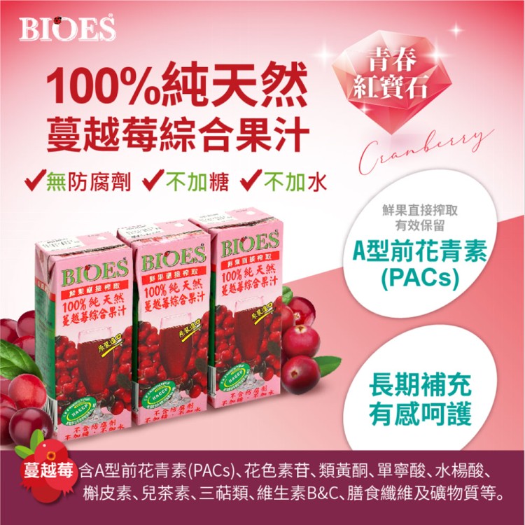 免運!【囍瑞 BIOES】1箱24瓶 即期良品-100%純天然蔓越莓綜合原汁(200ml-24瓶) 200ml