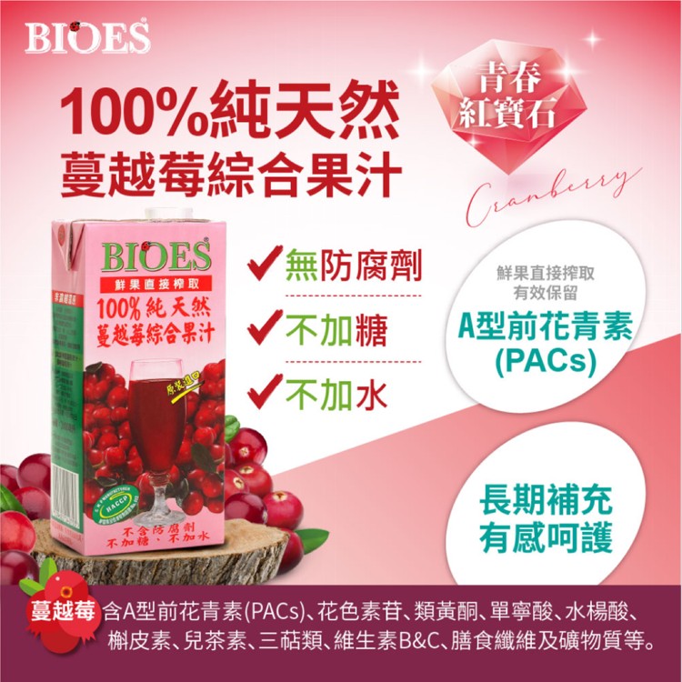 免運!【囍瑞 BIOES】1組6瓶 100%純天然蔓越莓綜合原汁(1000ml-6瓶) 1000ml