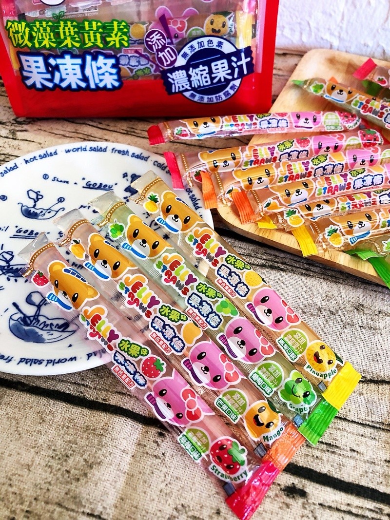 微藻葉黃素金，果凍條，濃縮果汁，加防。opws 黑凍像，1自配方，濃縮果汁，製回味，芒果口味，自色業配方。