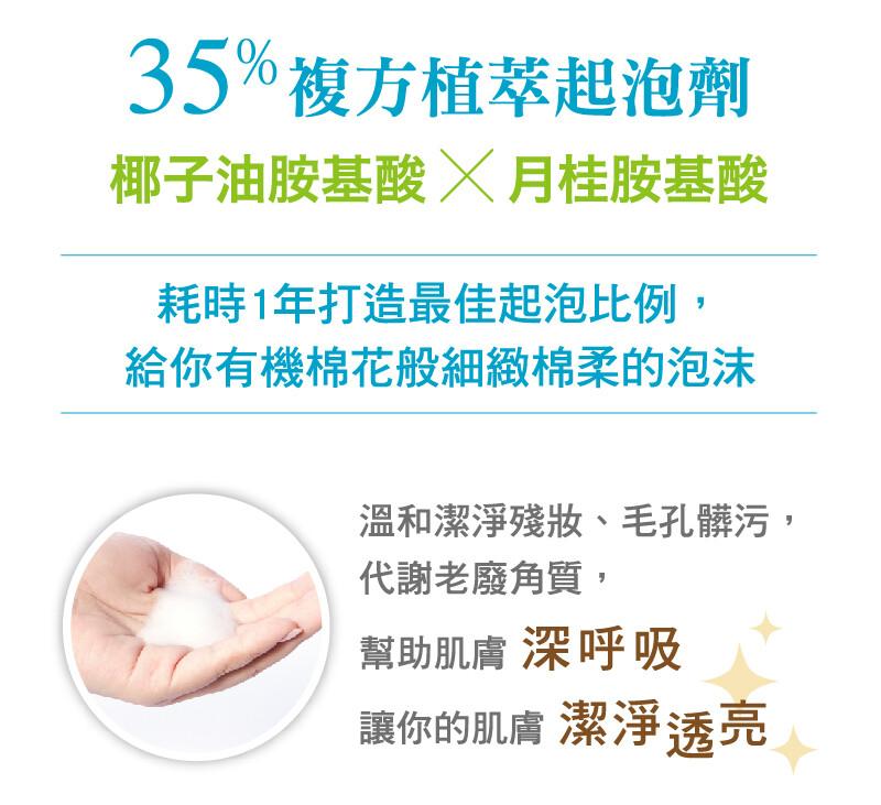 35%複方植萃起泡劑，椰子油胺基酸X月桂胺基酸，耗時1年打造最佳起泡比例,給你有機棉花般細緻棉柔的泡沫，溫和潔淨殘妝、毛孔髒污,代謝老廢角質,幫助肌膚 深呼吸，讓你的肌膚 潔淨透亮。