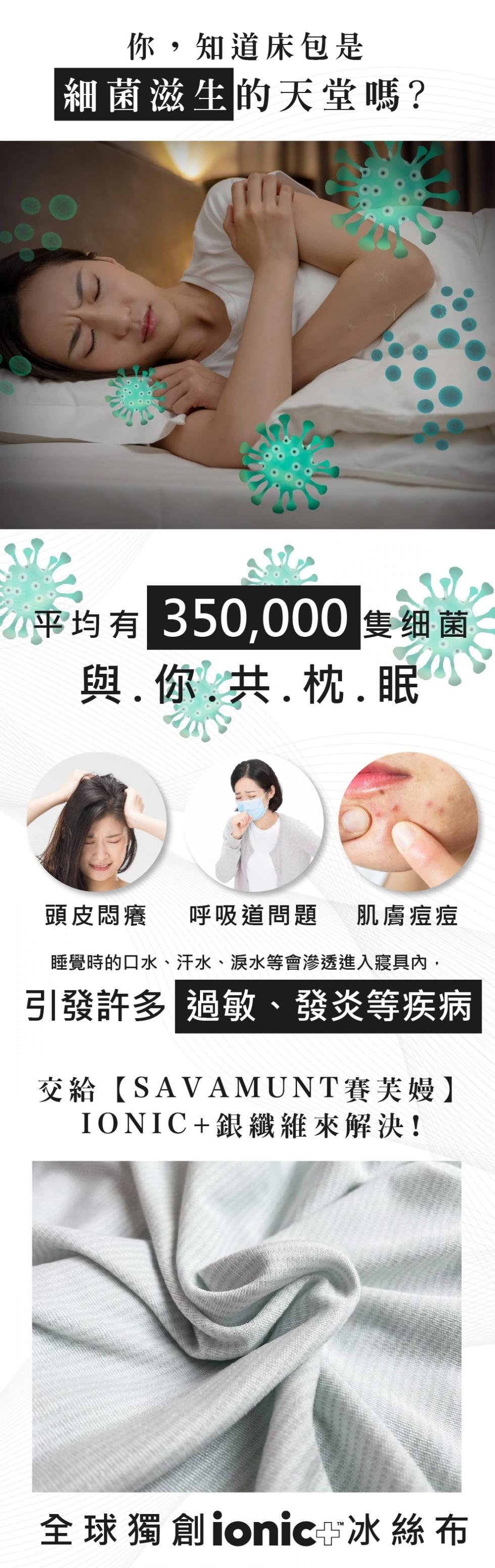 你,知道床包是，細菌滋生的天堂嗎?平均有350,000 隻细菌，與.你.共.枕.眠，頭皮悶癢 呼吸道問題 肌膚痘痘，睡覺時的口水、汗水、淚水等會滲透進入寢具內,引發許多 過敏、發炎等疾病，交給【SAVAMUNT賽芙嫚】，IONIC+銀纖維來解決!全球