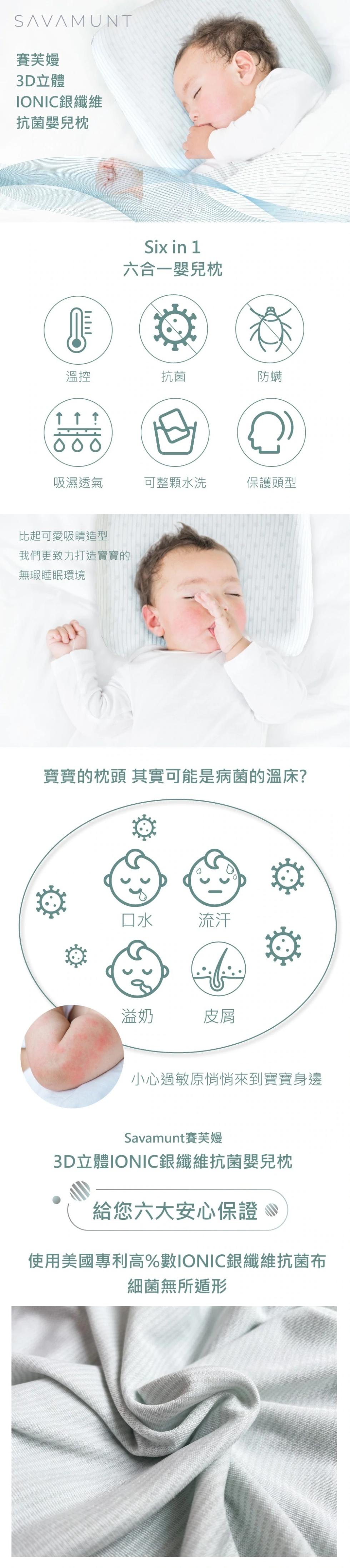 賽芙嫚，3D立體，IONIC銀纖維，抗菌嬰兒枕，↑↑↑，吸濕透氣，六合一嬰兒枕，比起可愛吸睛造型，我們更致力打造寶寶的，無瑕睡眠環境，可整顆水洗，寶寶的枕頭 其實可能是病菌的溫床?保護頭型，小心過敏原悄悄來到寶寶身邊，Savamunt賽芙嫚，3D立體